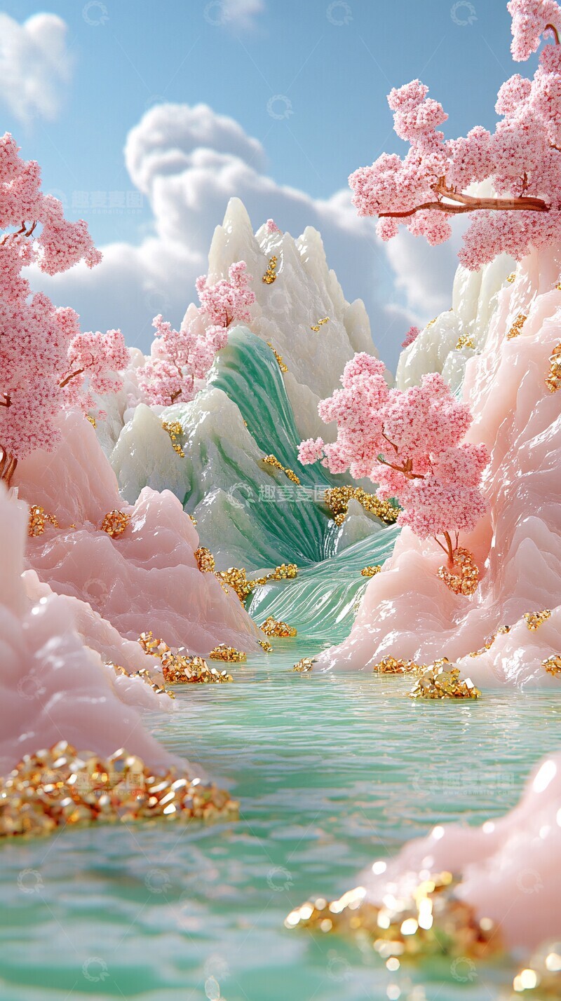 高清大图下载【趣麦麦图】粉色碧波金色山川3