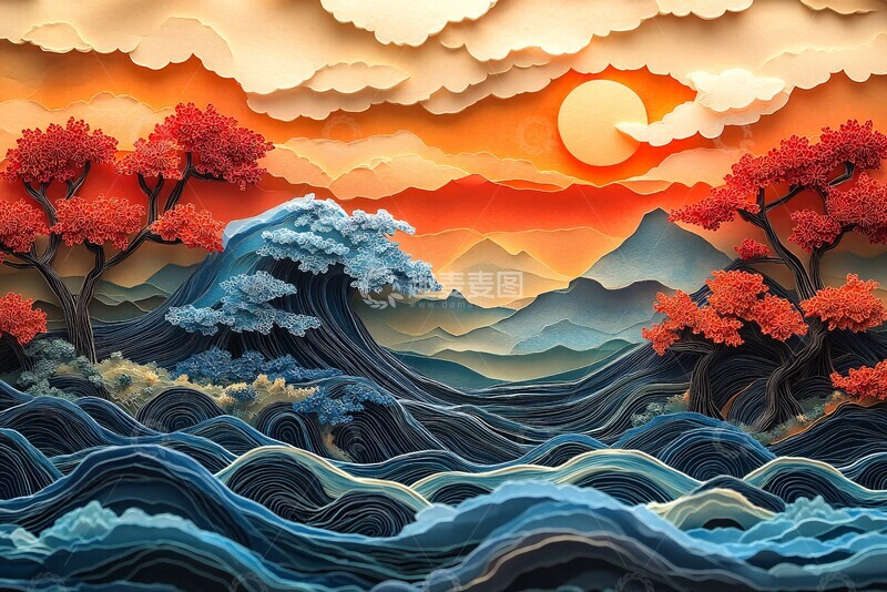 高清大图下载【趣麦麦图】樱花浪云山水