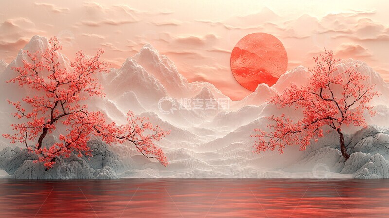 高清大图下载【趣麦麦图】月光山水纹石膏浮雕