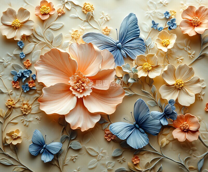 高清大图下载【趣麦麦图】奶油底色花蝶图案
