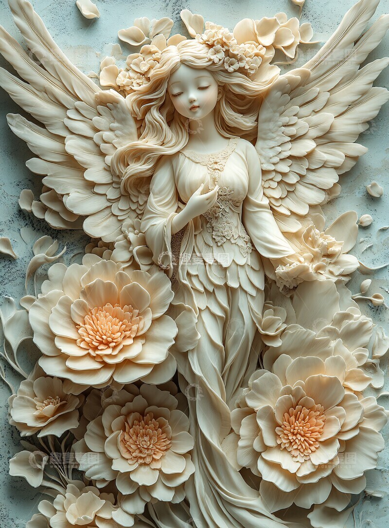 高清大图下载【趣麦麦图】三维花卉天使浮雕1