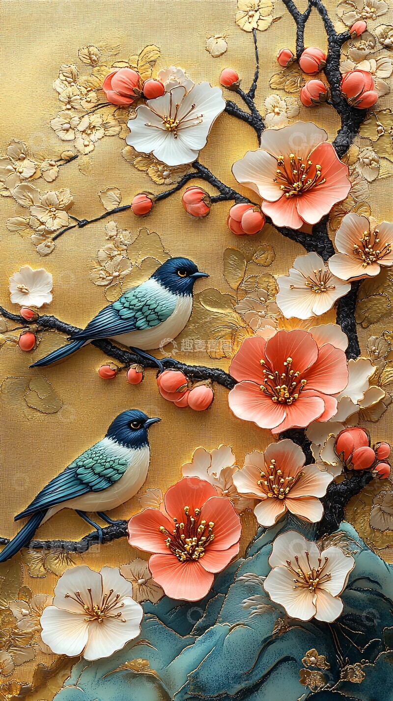 高清大图下载【趣麦麦图】鸟语花香刺绣图案