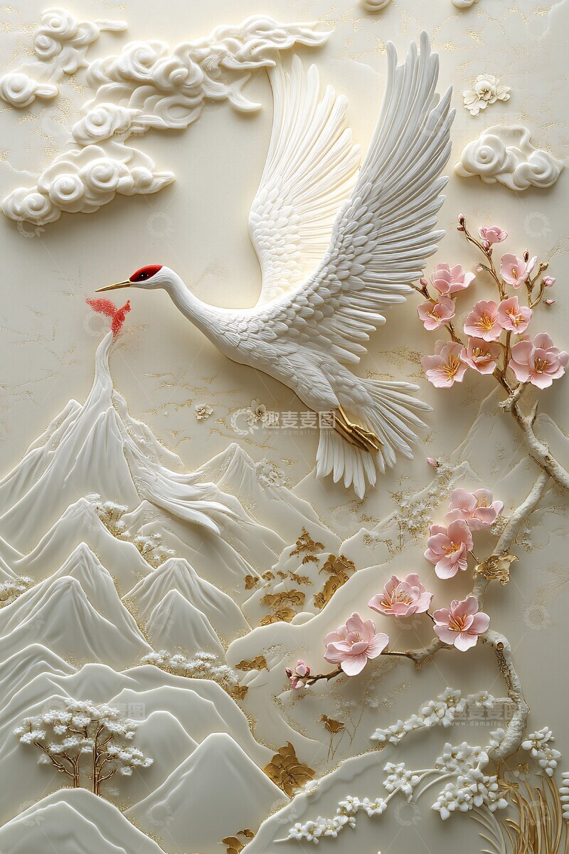 高清大图下载【趣麦麦图】两鹤祥云繁花山2