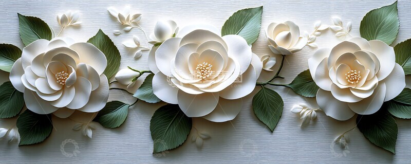 高清大图下载【趣麦麦图】白纸山茶浮雕图案