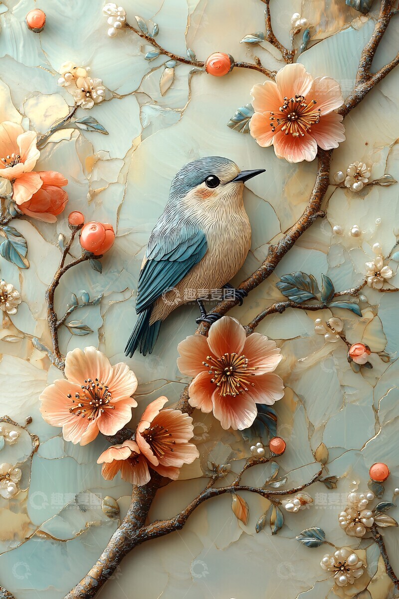 高清大图下载【趣麦麦图】螺钿花卉鸟图案