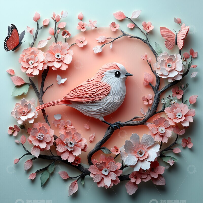 高清大图下载【趣麦麦图】梦幻花鸟剪纸图