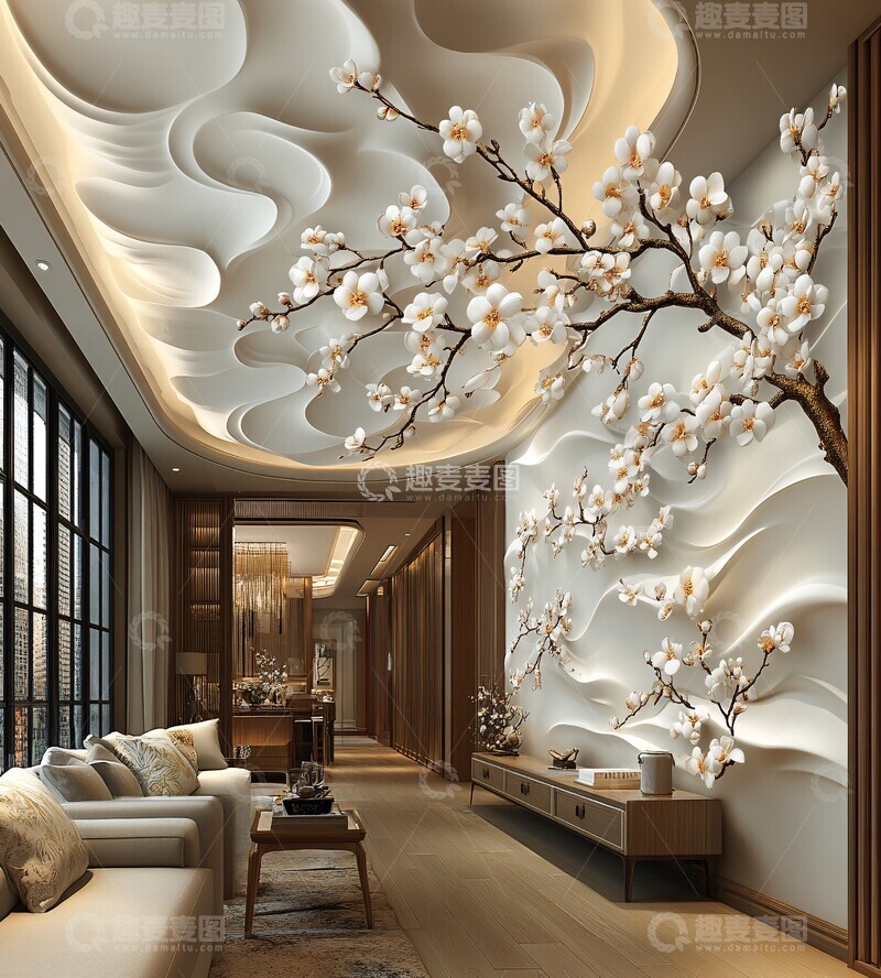 高清大图下载【趣麦麦图】白花金饰吊顶壁纸