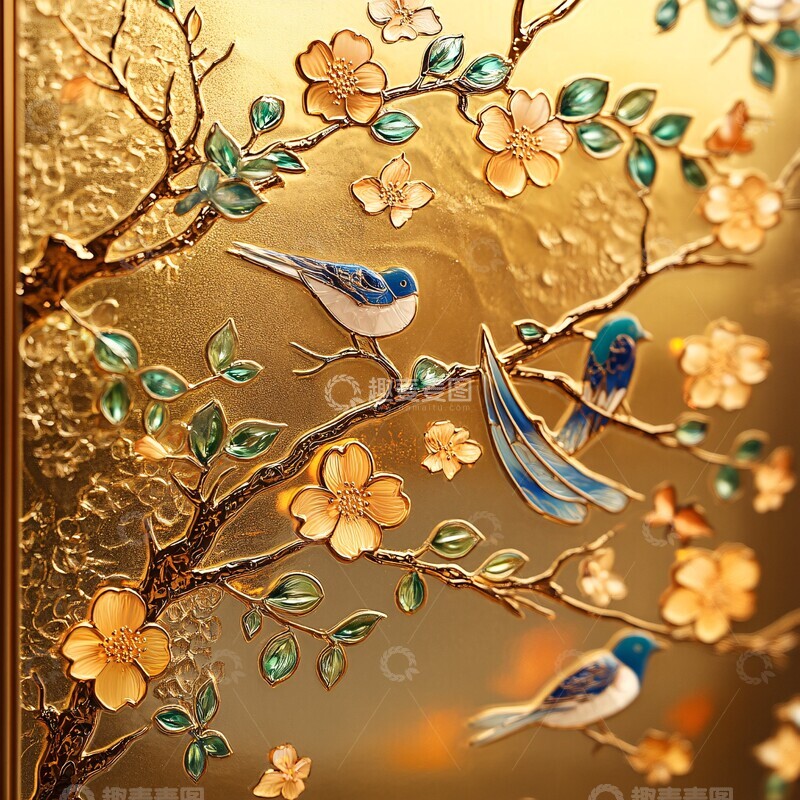 高清大图下载【趣麦麦图】-花鸟纹玻璃镶嵌