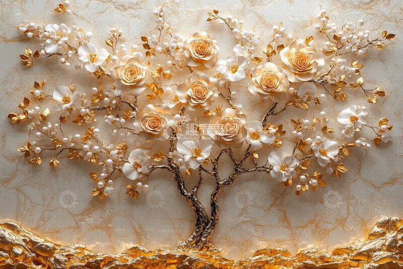 高清大图下载【趣麦麦图】金色树花珍珠背景