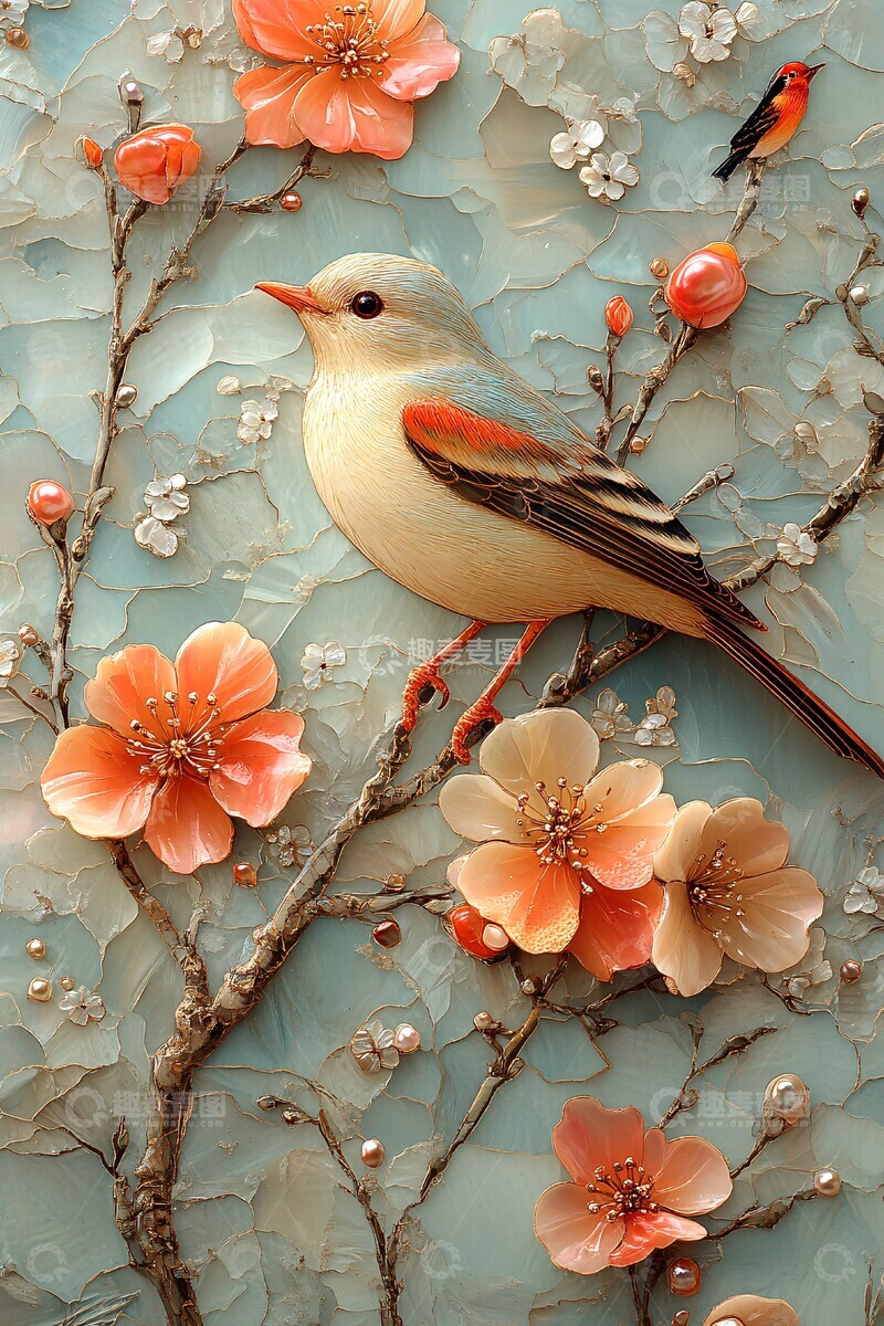 高清大图下载【趣麦麦图】螺钿花卉鸟图案1
