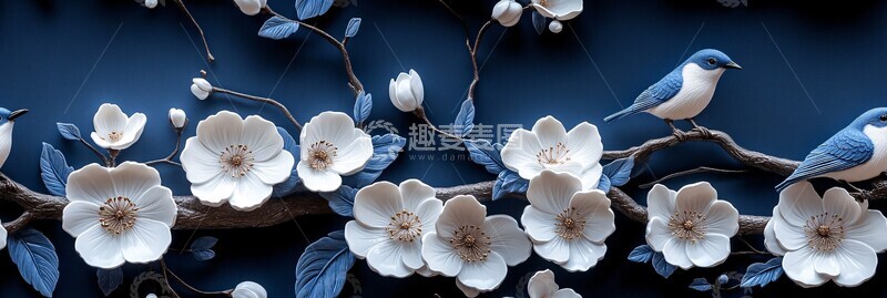 高清大图下载【趣麦麦图】青花瓷花鸟图
