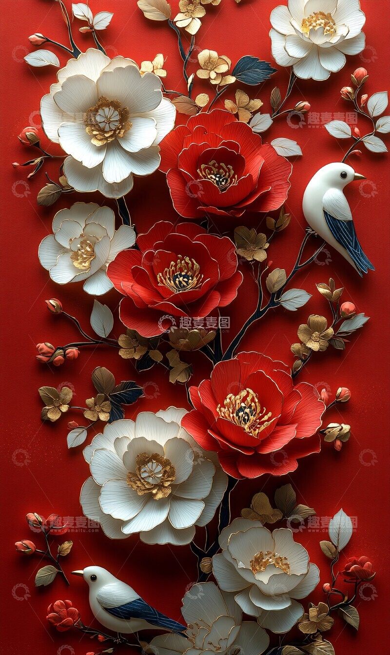 高清大图下载【趣麦麦图】红底金红白牡丹剪纸