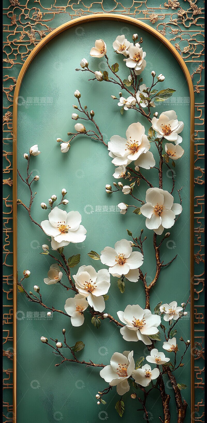 高清大图下载【趣麦麦图】白花绿金古典框