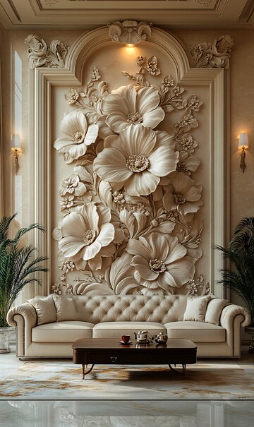 兰花浮雕墙前品茶1