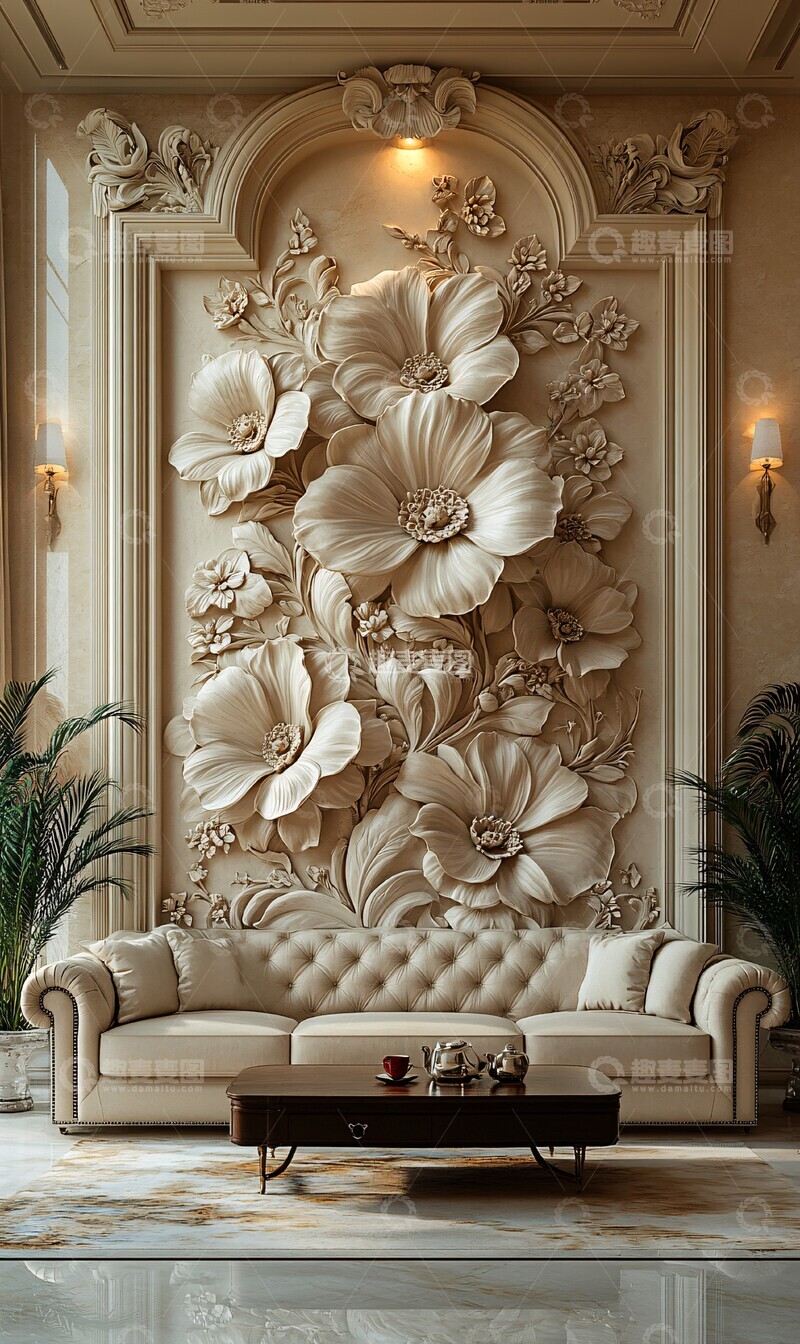 高清大图下载【趣麦麦图】兰花浮雕墙前品茶1