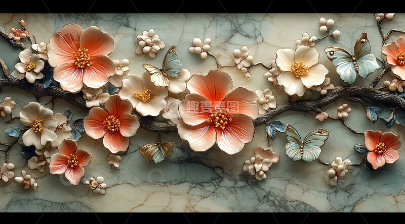 高清大图下载【趣麦麦图】陶瓷花蝶墙饰2