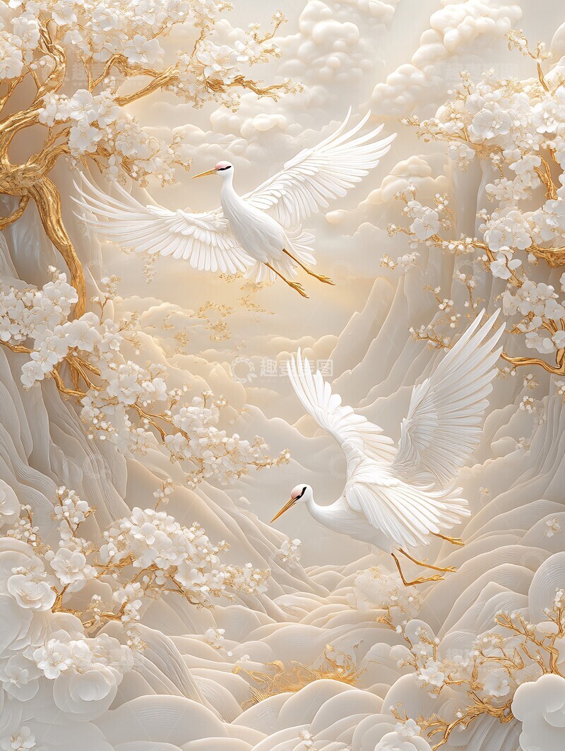 高清大图下载【趣麦麦图】白鹤飞翔山云间