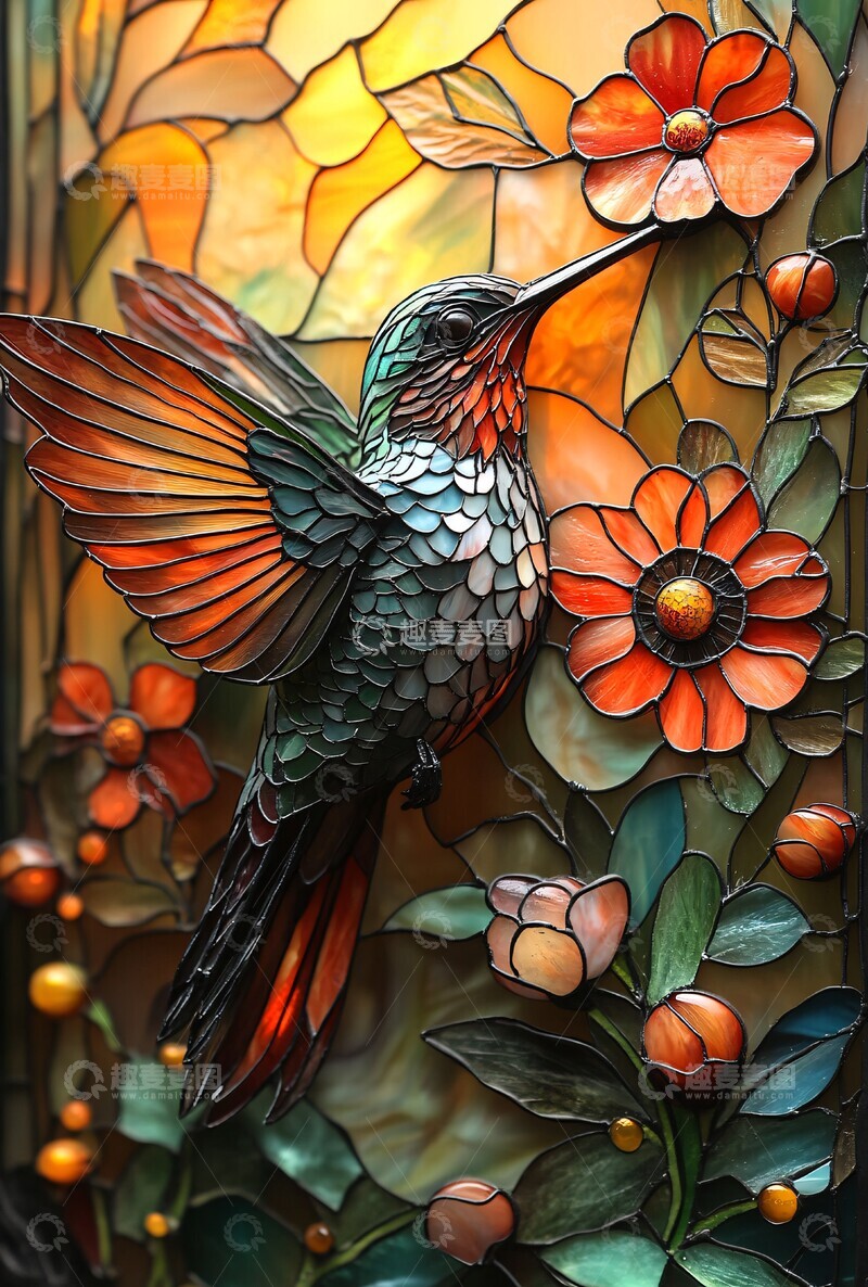 高清大图下载【趣麦麦图】蜂鸟与花玻璃画