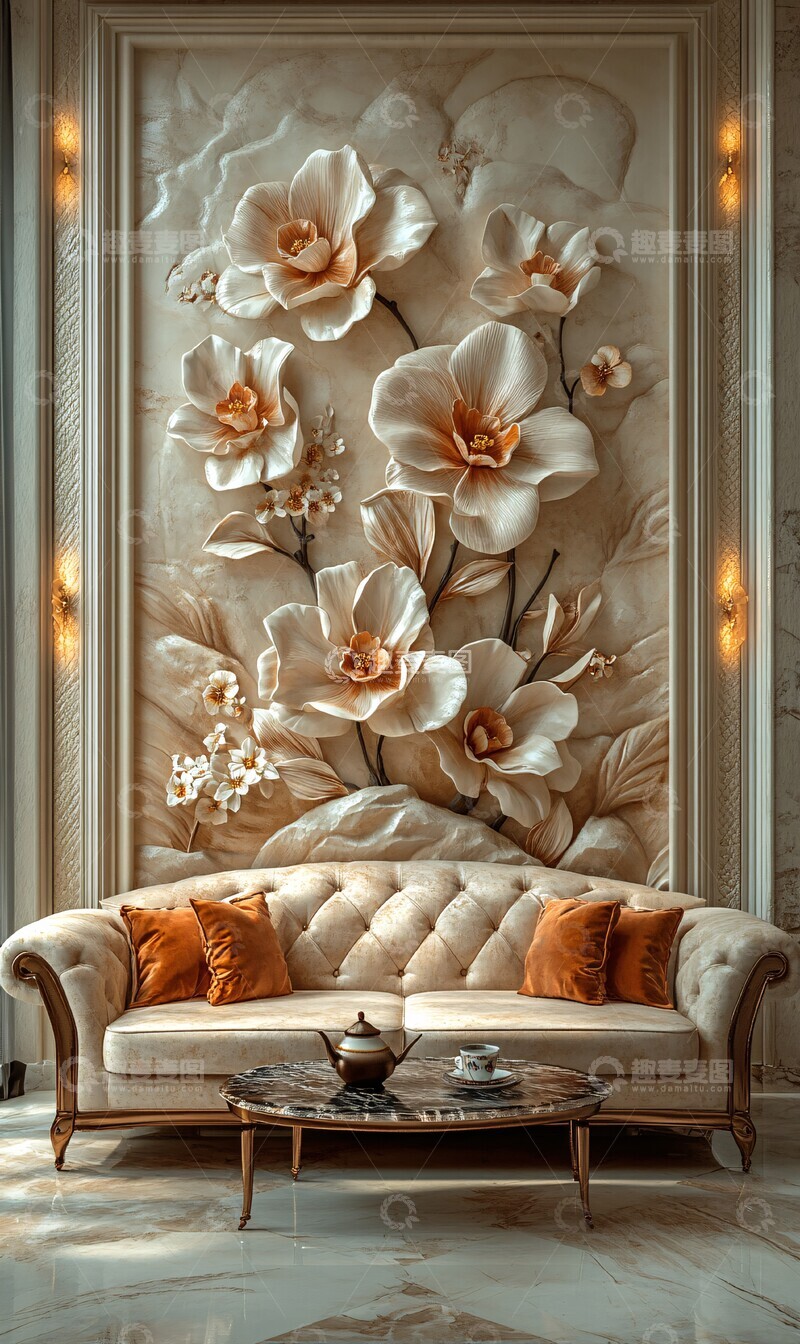 高清大图下载【趣麦麦图】兰花浮雕墙前品茶