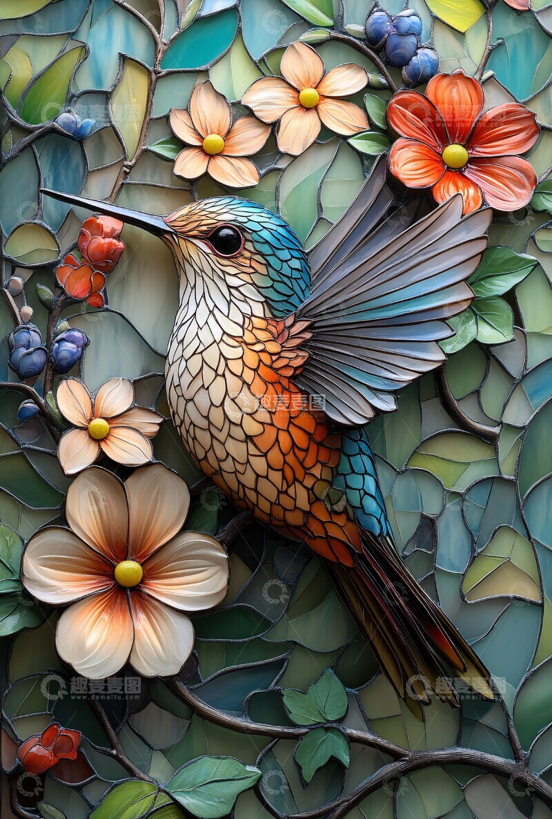 高清大图下载【趣麦麦图】蜂鸟与花玻璃画1