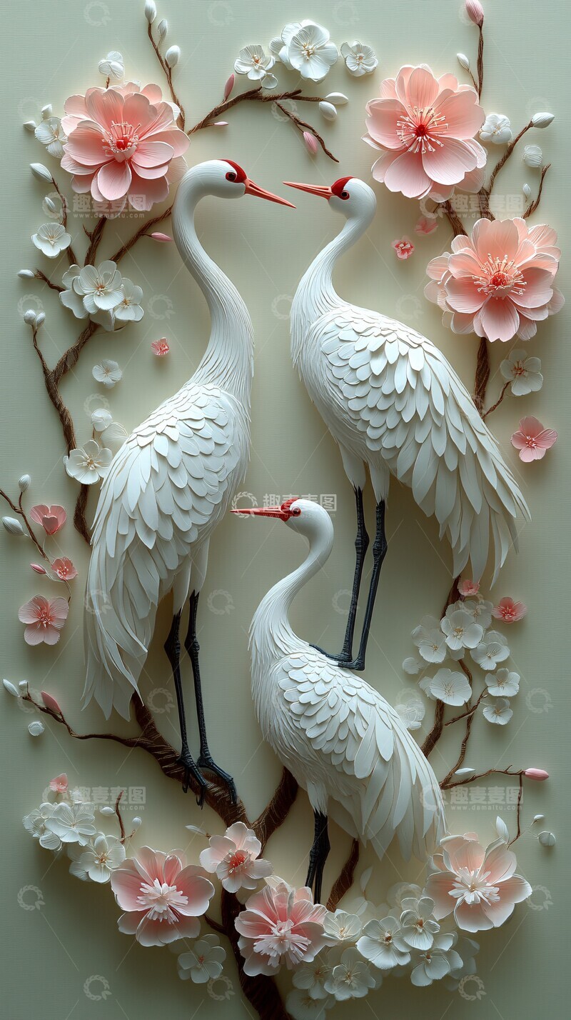 高清大图下载【趣麦麦图】春枝白鹤立体纸艺