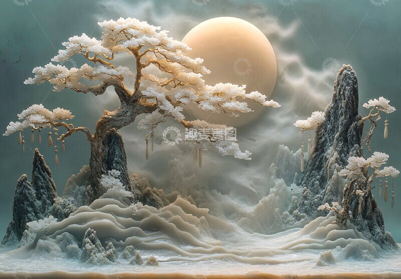 高清大图下载【趣麦麦图】雪山月下树影1