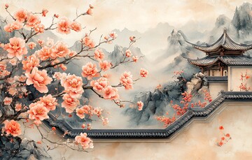 庭院石墙牡丹图