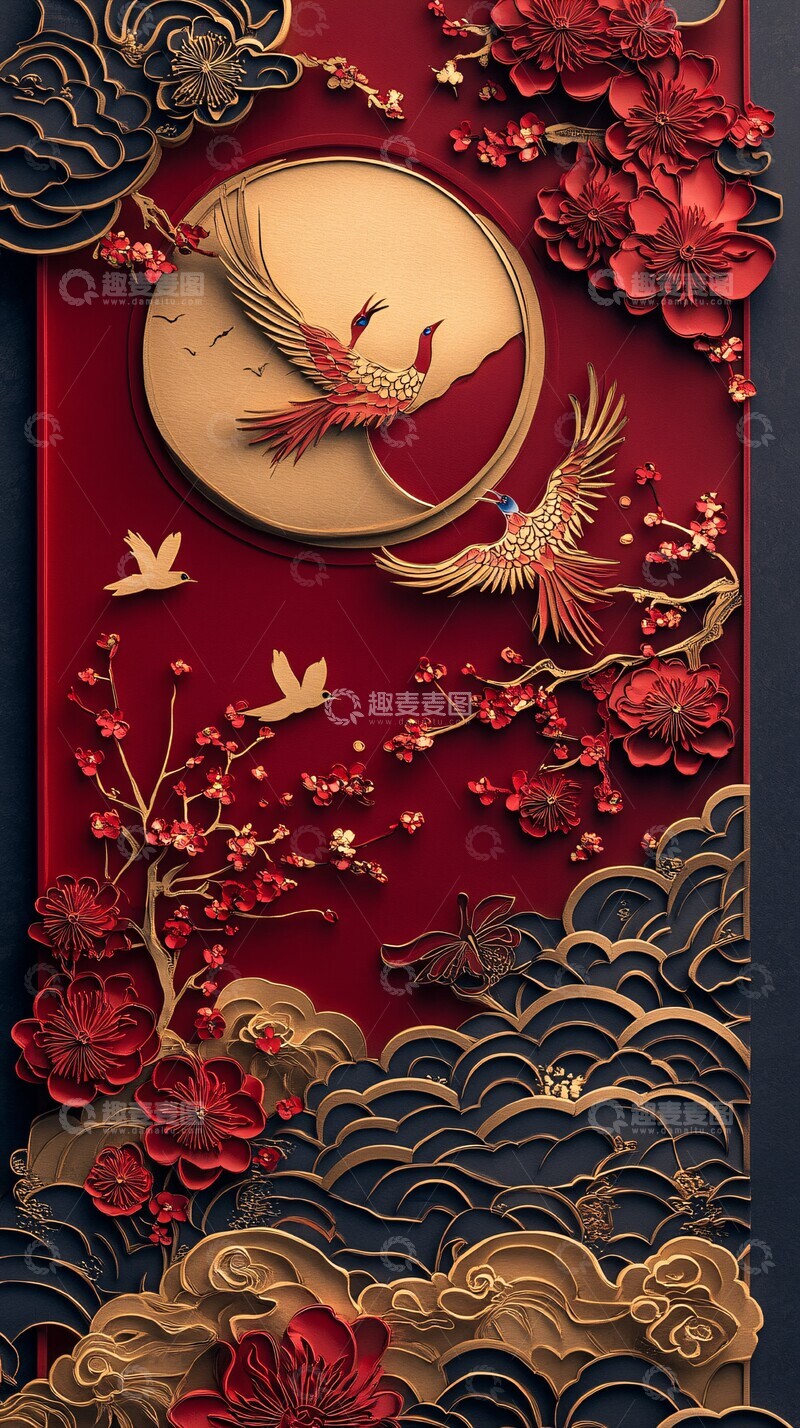 高清大图下载【趣麦麦图】春节红金纸剪纸海报1
