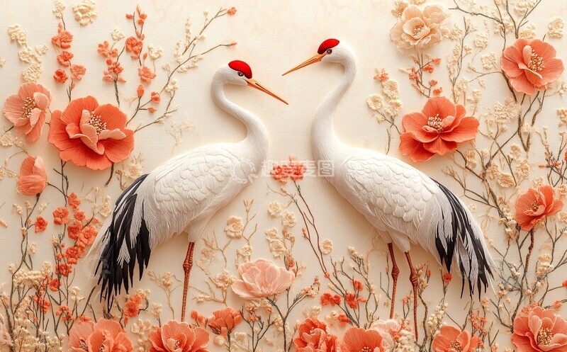 高清大图下载【趣麦麦图】鹤舞花间图图案线条白色1
