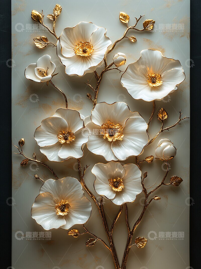 高清大图下载【趣麦麦图】白花金叶墙面装饰