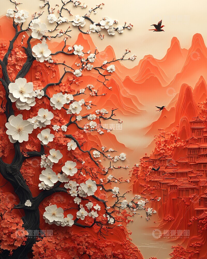 高清大图下载【趣麦麦图】鹊舞梅香色彩维度绘画1