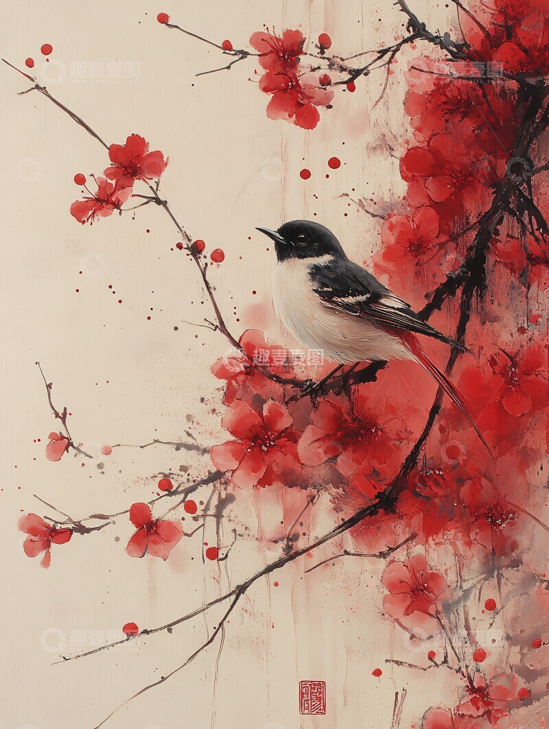 高清大图下载【趣麦麦图】鸟语花香图现代中式对称1