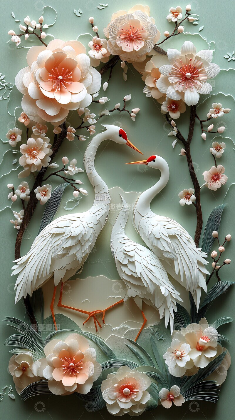 高清大图下载【趣麦麦图】春枝白鹤立体纸艺2