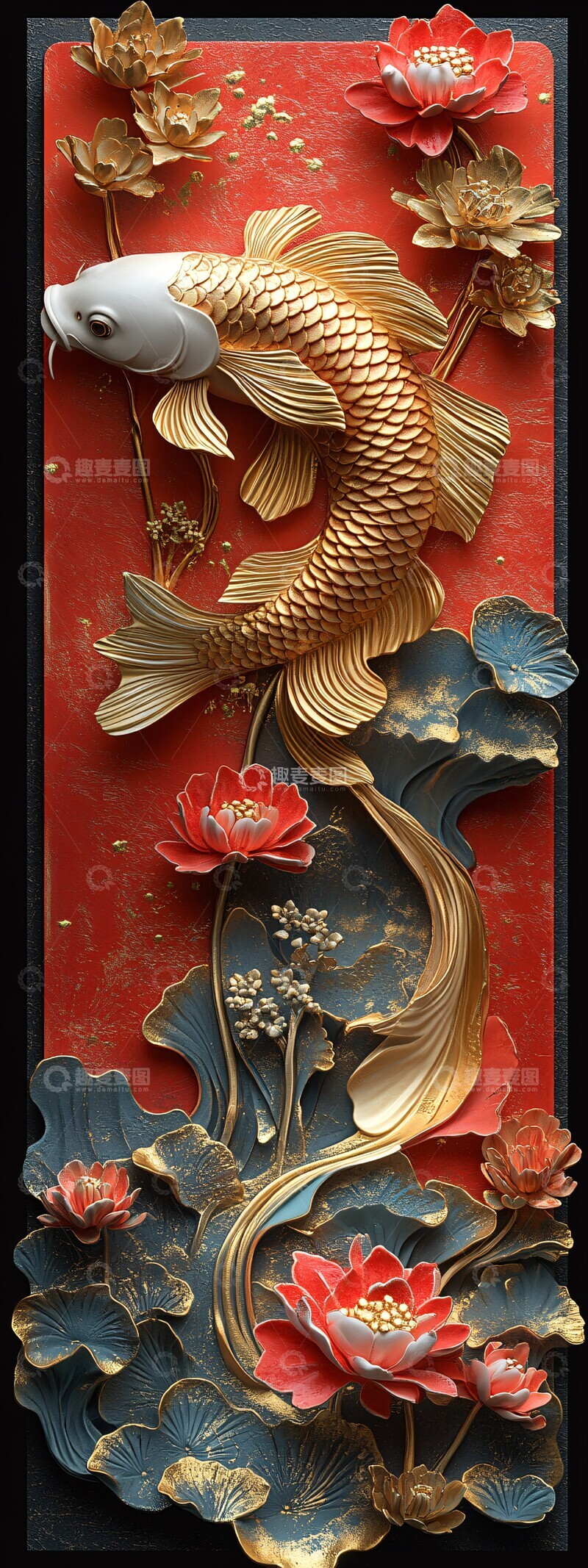 高清大图下载【趣麦麦图】金如意鱼莲花书签