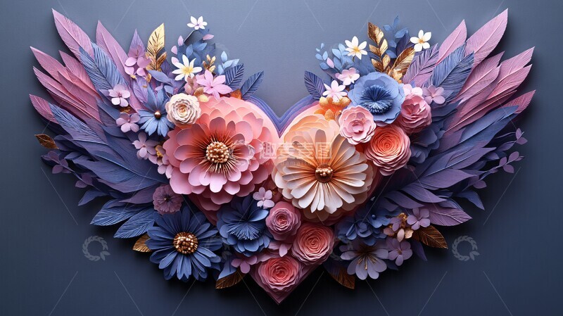 高清大图下载【趣麦麦图】心形花艺剪纸1