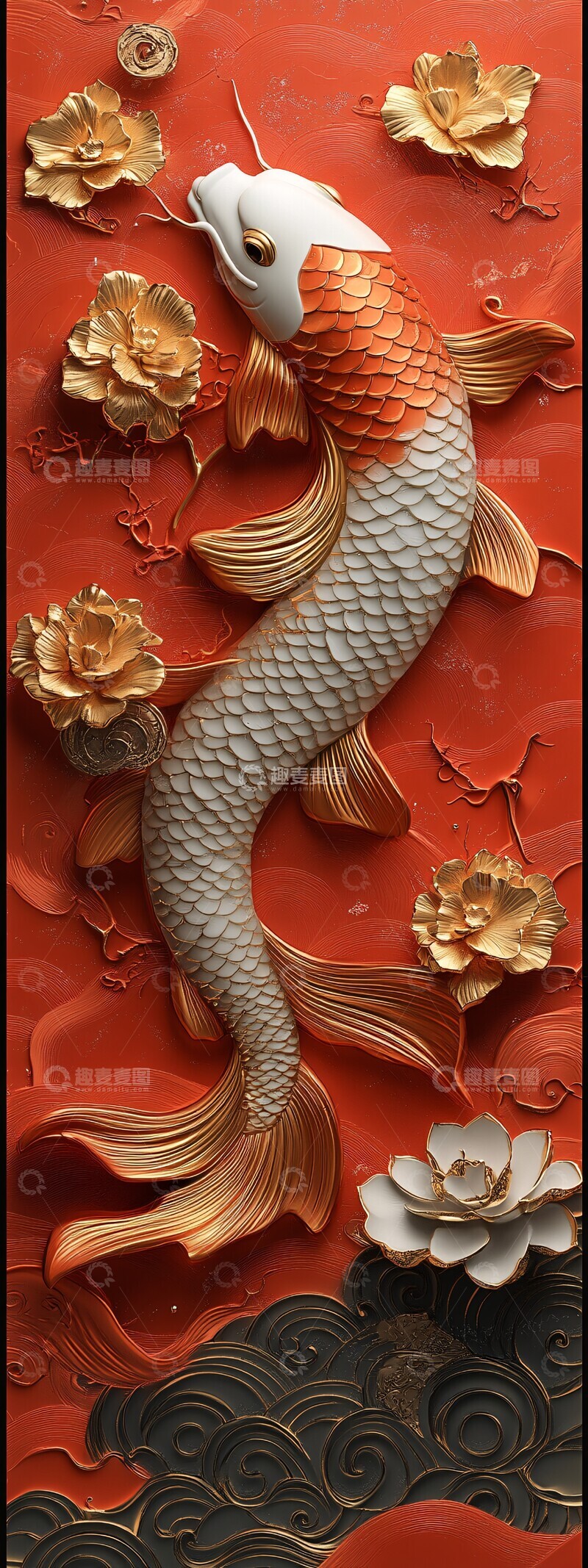 高清大图下载【趣麦麦图】金如意鱼莲花书签2