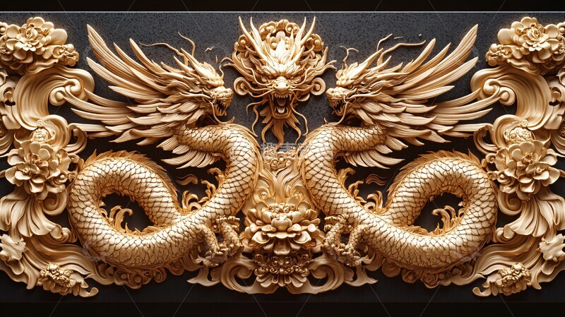 高清大图下载【趣麦麦图】龙凤金纹浮雕图2