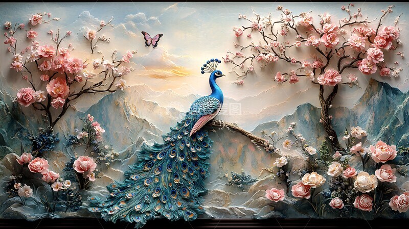 高清大图下载【趣麦麦图】蓝孔雀蝴蝶树花墙