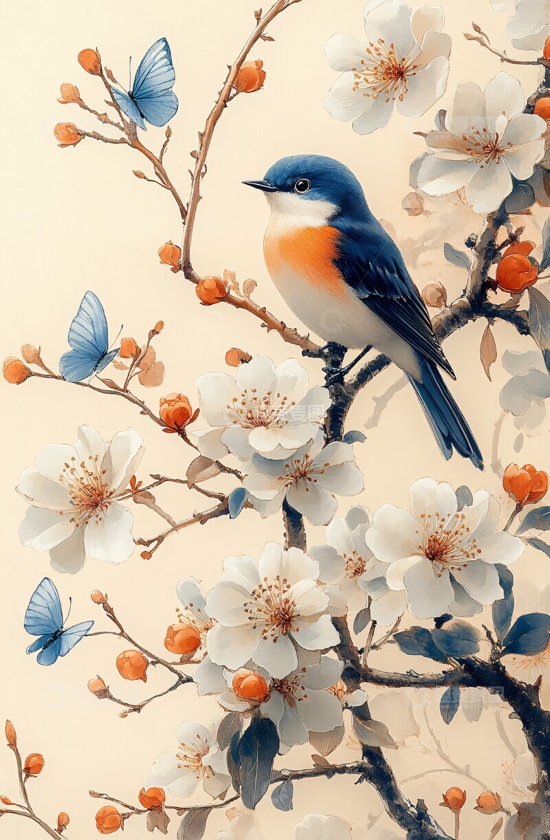 高清大图下载【趣麦麦图】白花蓝鸟墙纸图案