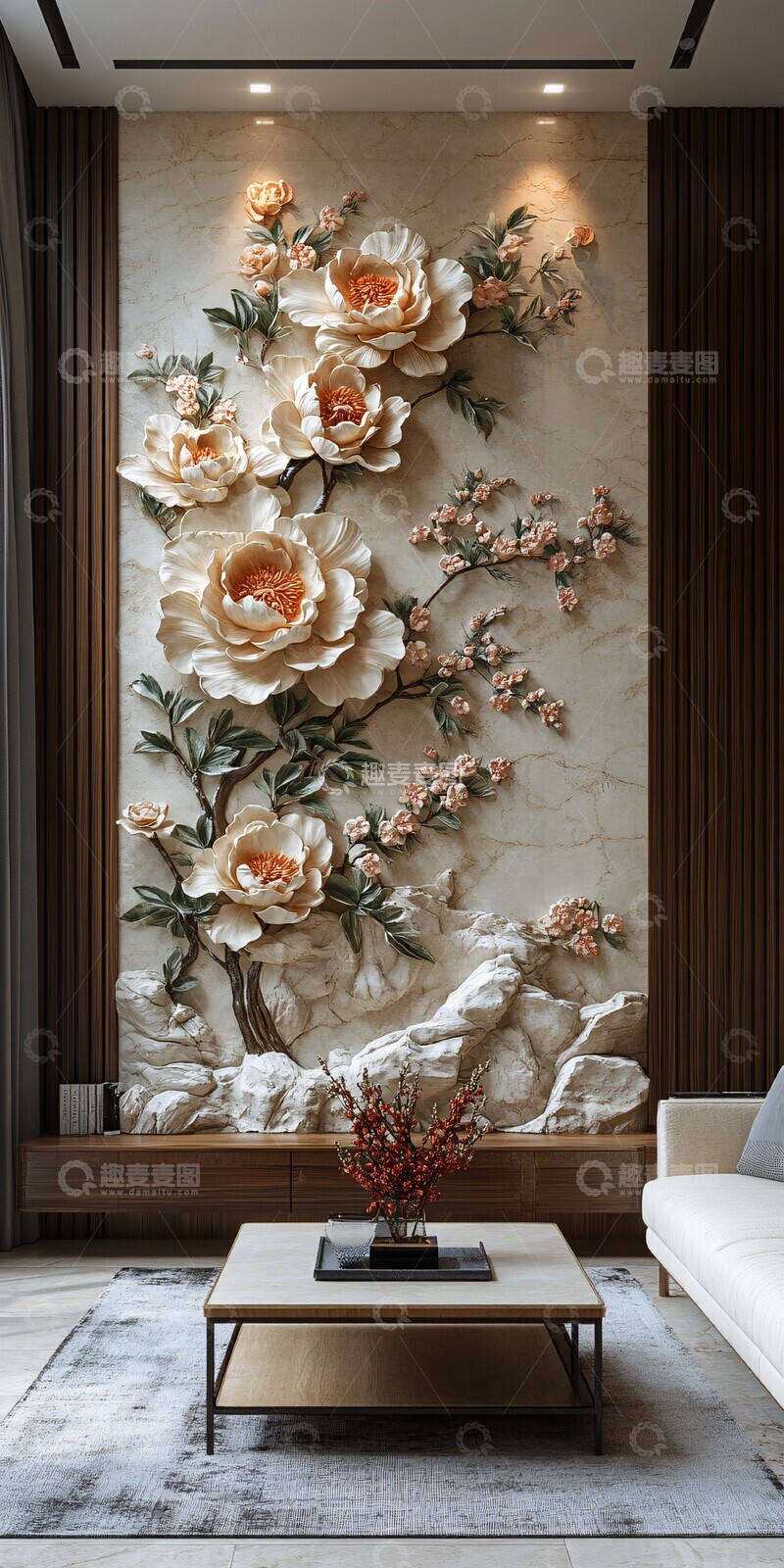 高清大图下载【趣麦麦图】牡丹浮雕电视背景墙