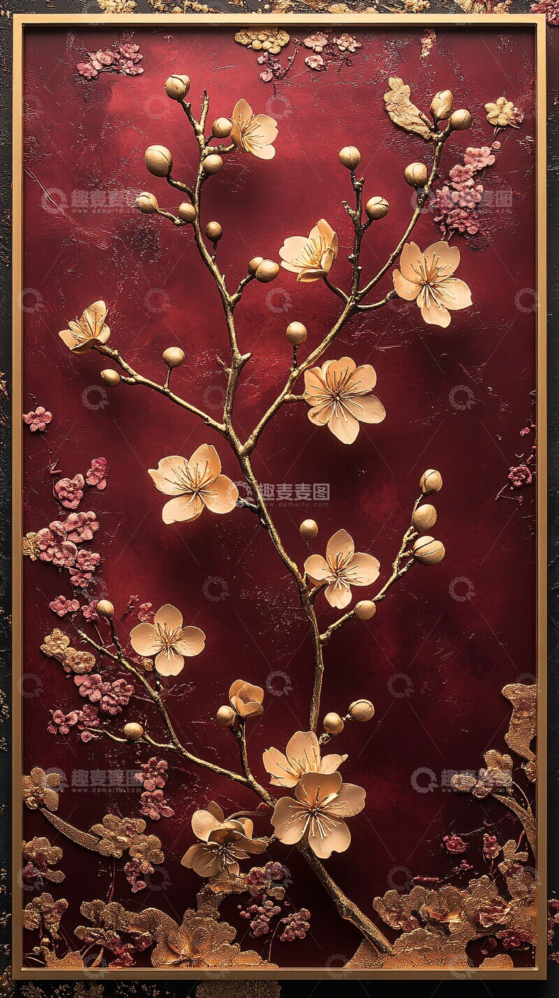 高清大图下载【趣麦麦图】樱花枝与蕾樱花简约深红