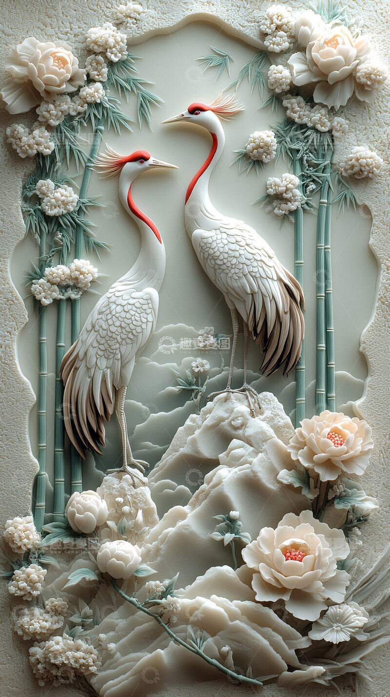 高清大图下载【趣麦麦图】竹林瑞鹤图竹林瑞鹤岩石1