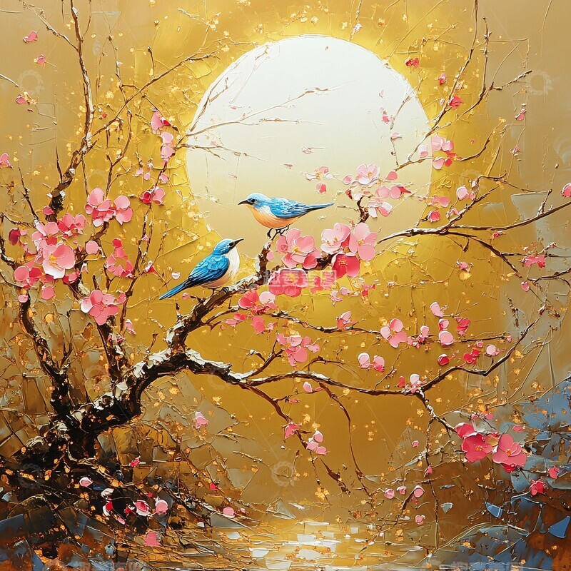 高清大图下载【趣麦麦图】樱花树与蓝鸟2