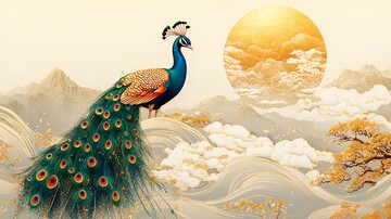 金线孔雀云纹图