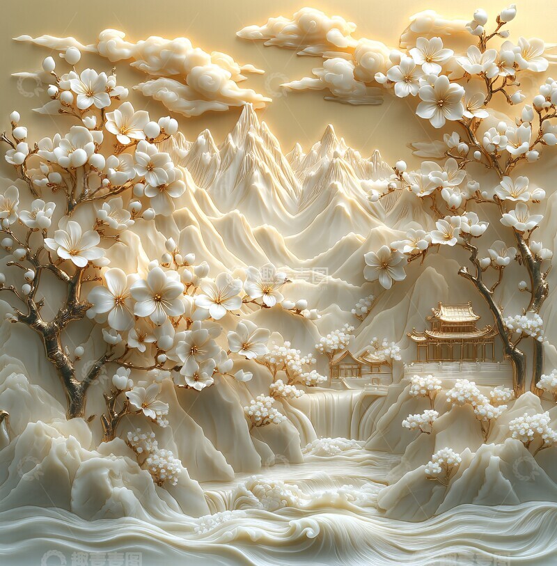 高清大图下载【趣麦麦图】白玉山水梅花雕刻2