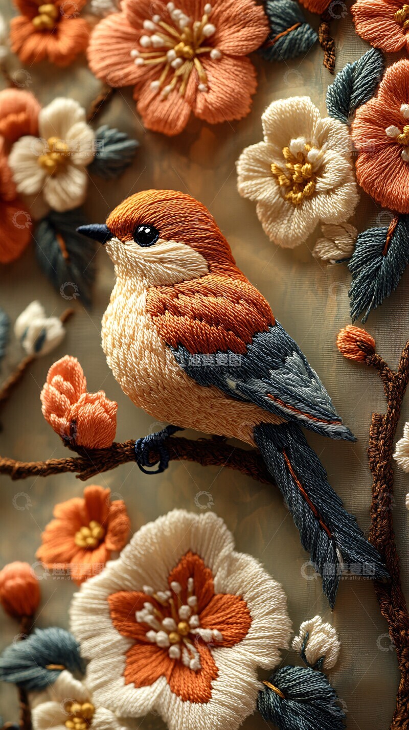 高清大图下载【趣麦麦图】鸟语花香刺绣图2