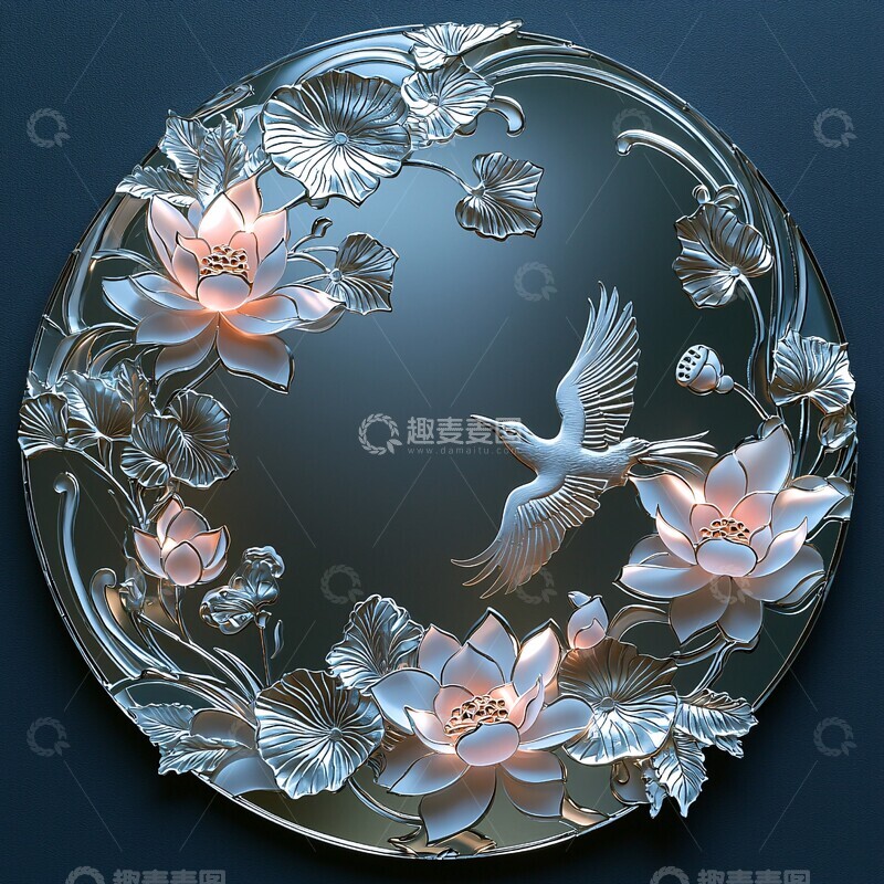 高清大图下载【趣麦麦图】银刻莲花白鸟镜
