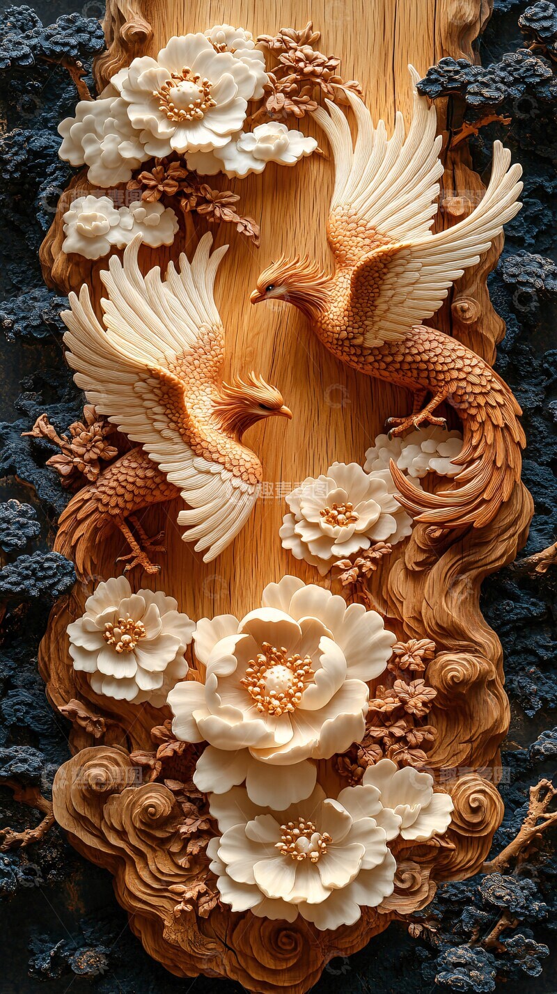高清大图下载【趣麦麦图】两凤凰祥云牡丹雕刻
