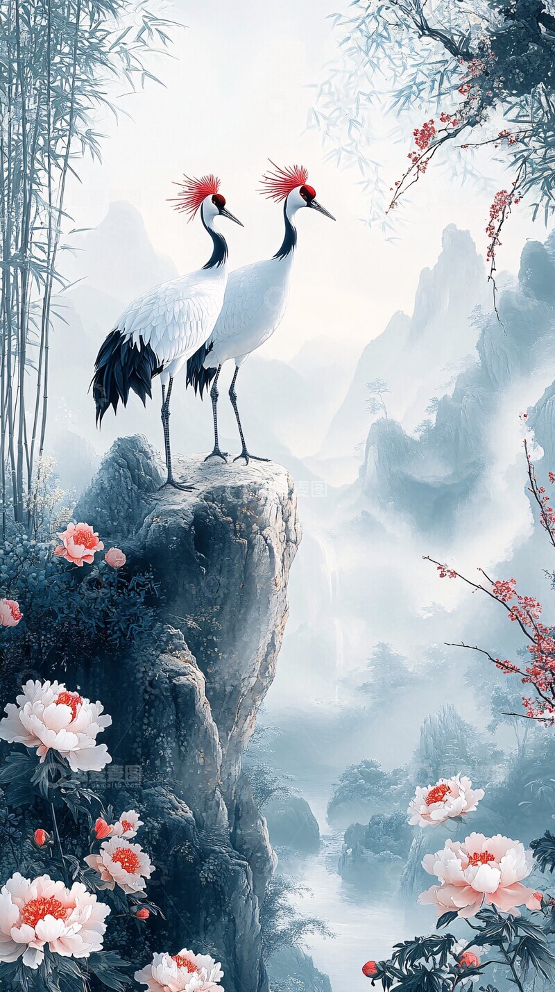 高清大图下载【趣麦麦图】竹林瑞鹤图竹林瑞鹤岩石3
