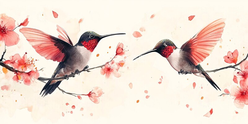 高清大图下载【趣麦麦图】粉红蜂鸟花卉图案2